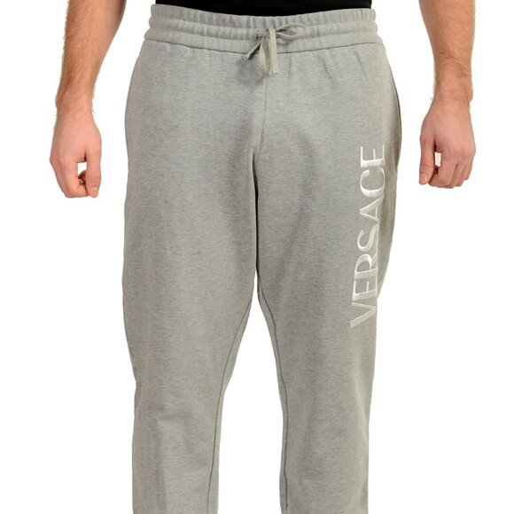 Versace Men's Gray White Logo Embroidered Sweat Track Pants US 5XL IT 62 - Picture 1 of 6